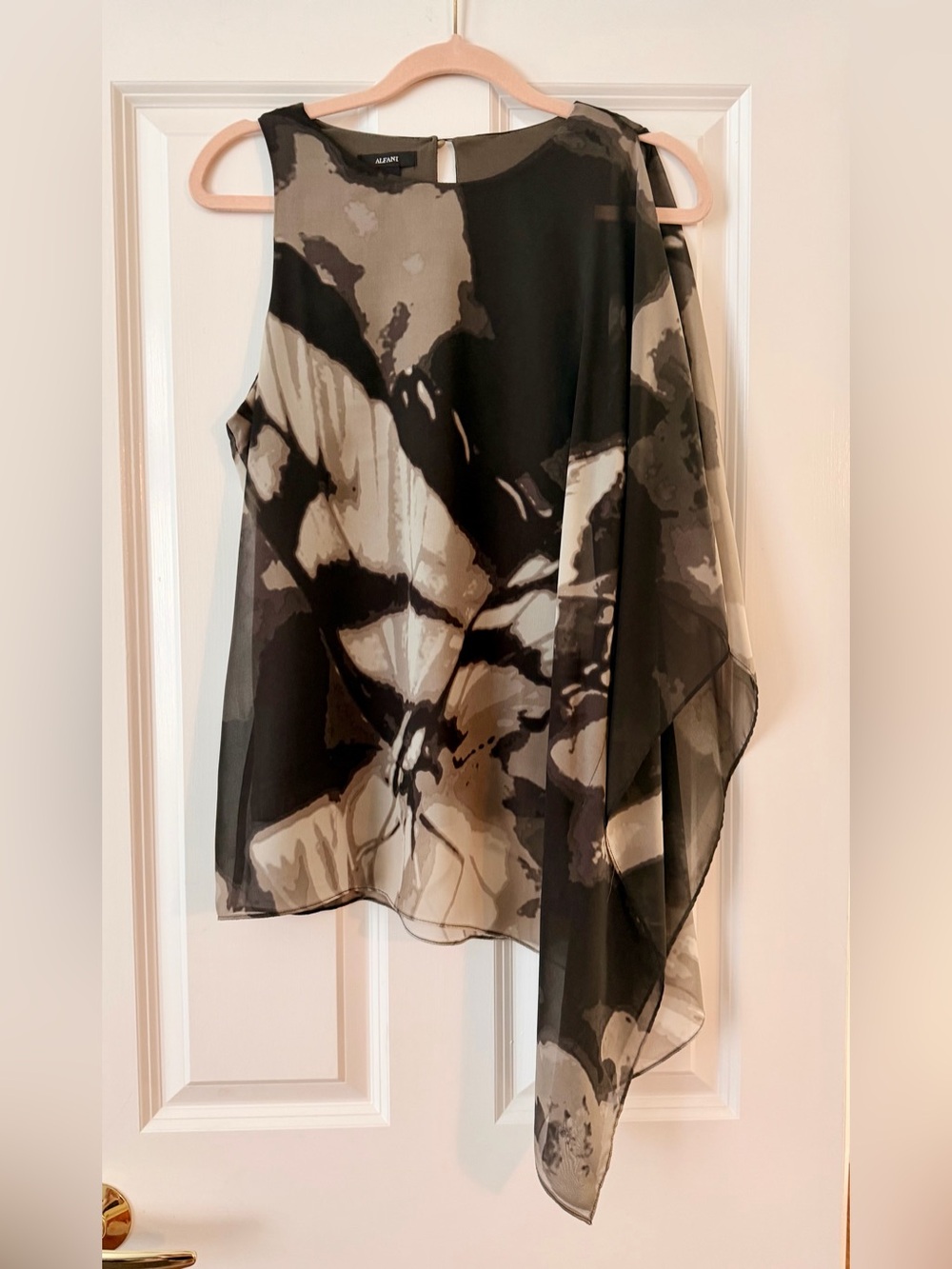 Alfani Black and Cream Floral Sheer Draped Top Size M